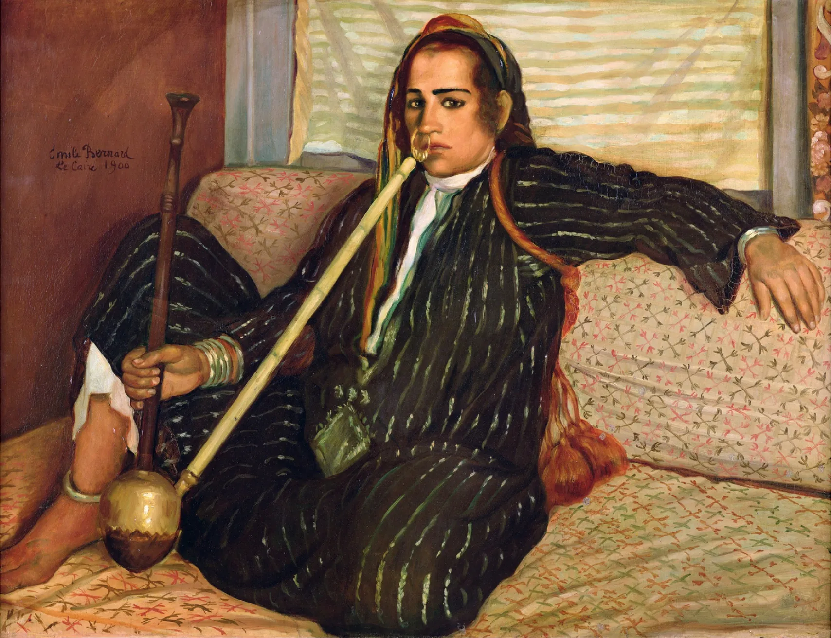 Émile Bernard’s 1900 painting La fumeuse de haschisch, a seated woman with a pipe.