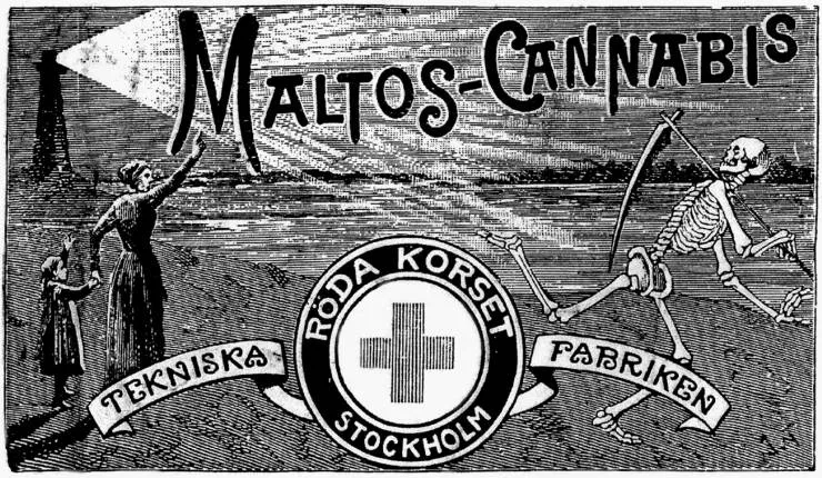 Engraved 1890s advertisement for Maltos-Cannabis in which a mother and child point toward the product name while a skeleton retreats.