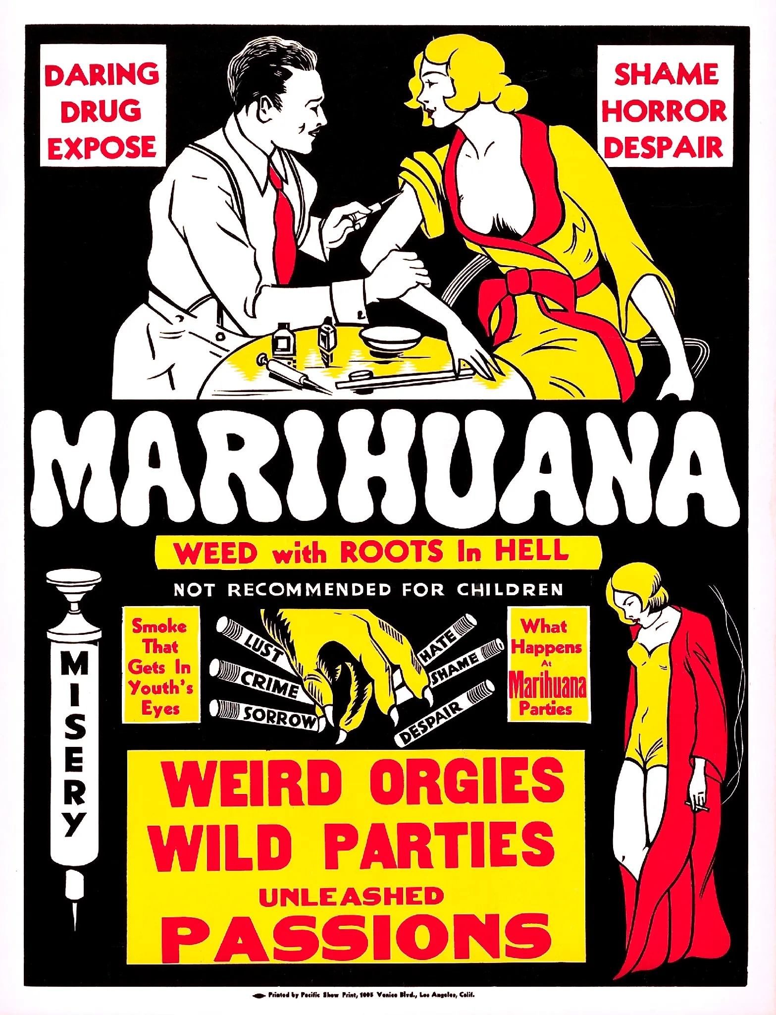 Lurid 1936 film poster for “Marihuana” promising weird orgies and wild parties beside a clawed hand clutching cigarettes.