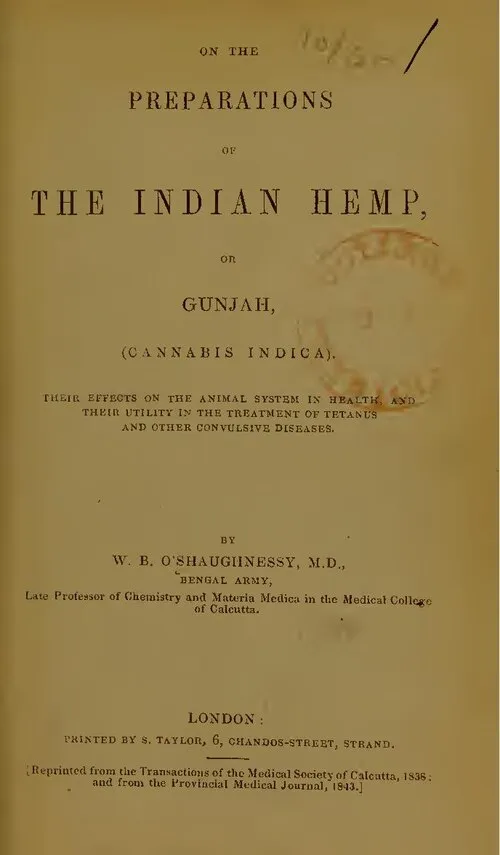 Printed title page of O’Shaughnessy’s paper “On the Preparations of the Indian Hemp, or Gunjah.”