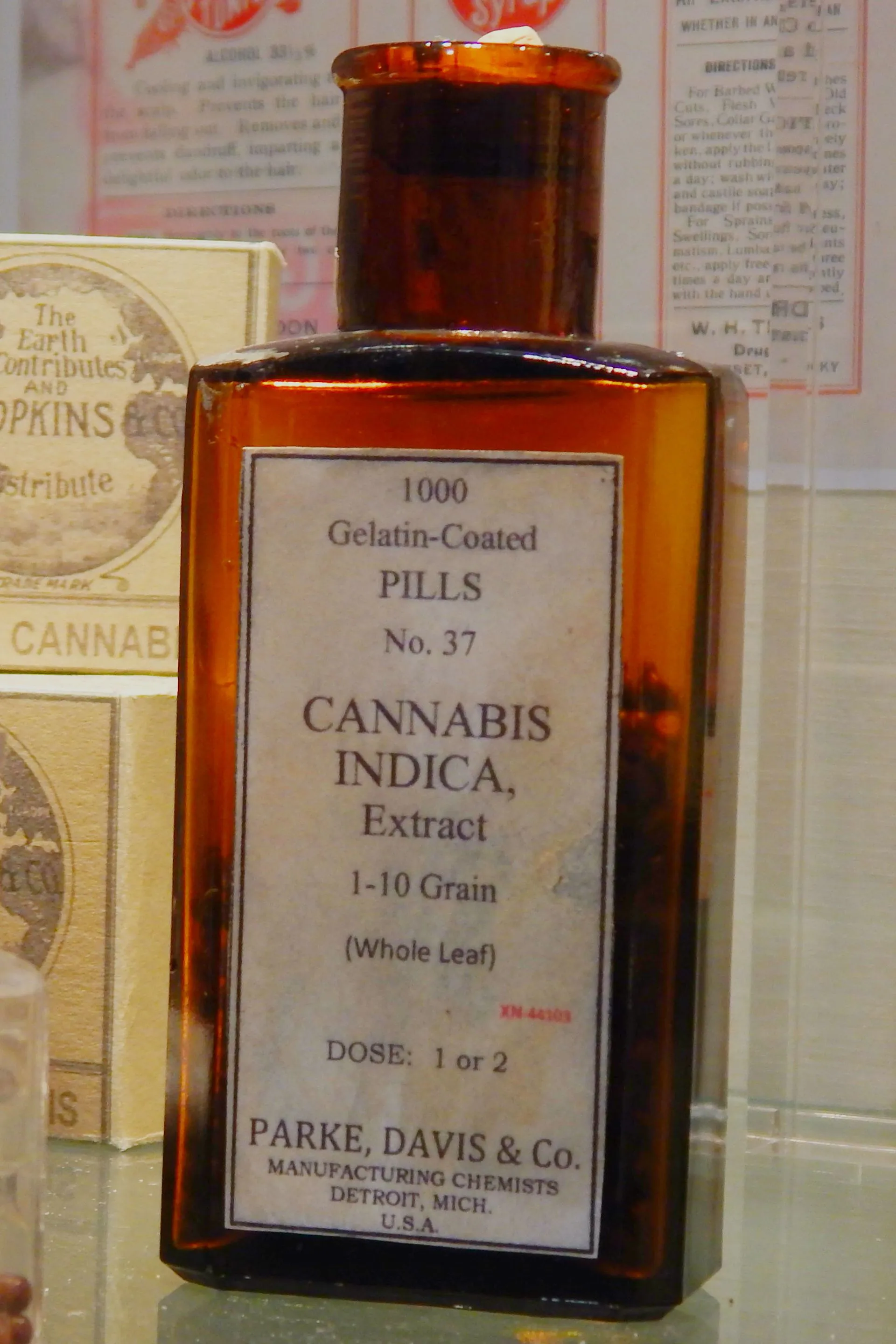A vintage Parke, Davis & Co. medicine bottle of gelatin-coated pills made from Cannabis indica extract.