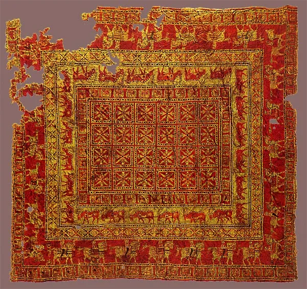 The Pazyryk carpet, the world’s oldest surviving knotted-pile carpet, from a Scythian burial mound.