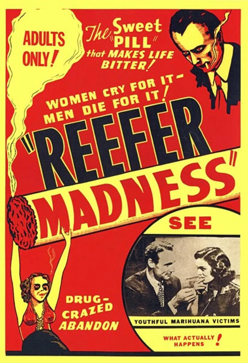 Theatrical poster for the 1936 film Reefer Madness, warning in lurid type against marijuana use.