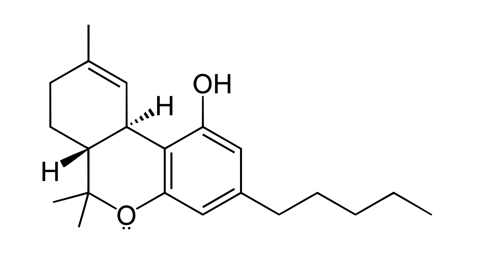 Skeletal structural formula of delta-9-tetrahydrocannabinol.