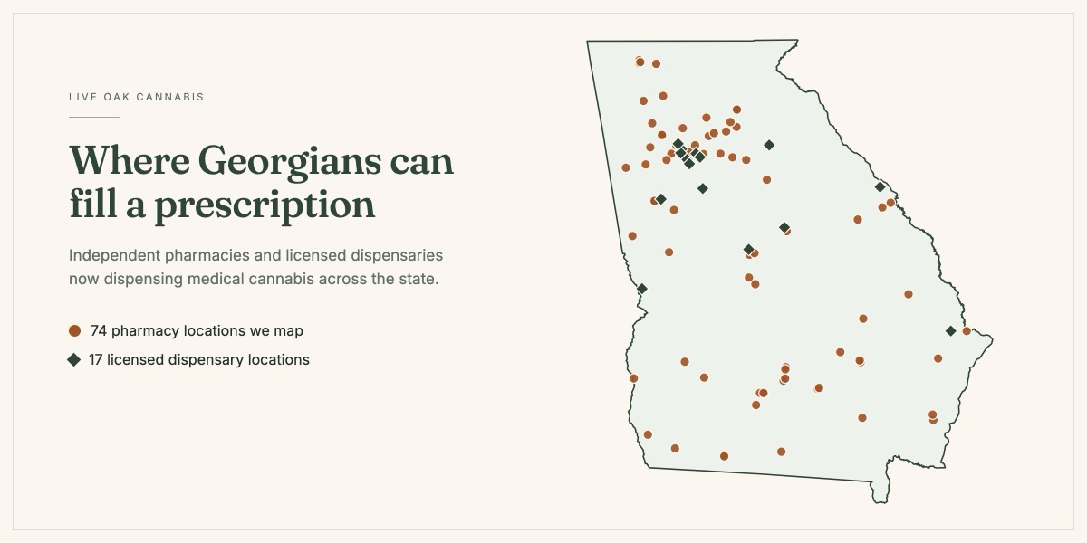 A map of Georgia dotted with the participating pharmacies and licensed dispensaries that dispense medical cannabis, clustered heaviest around metro Atlanta but reaching every corner of the state.