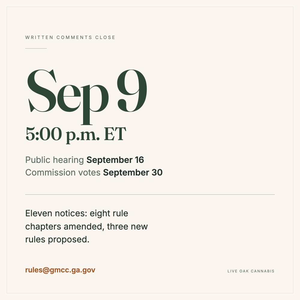 A plate reading "Written comments close Sep 9, 5:00 p.m. ET", with the public hearing on September 16, the Commission vote on September 30, eleven notices covering eight amended rule chapters and three new rules, and the address rules@gmcc.ga.gov.